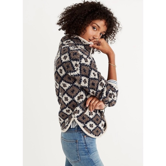 Madewell Popover Sweater Sweatshirt Teddy Design Quarter Zip Taupe Navy Blue - Picture 2 of 10